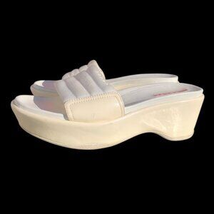 Prada Women's Ivory Patent Leather Canvas Platform Slides Sandals, 35 / 4.5